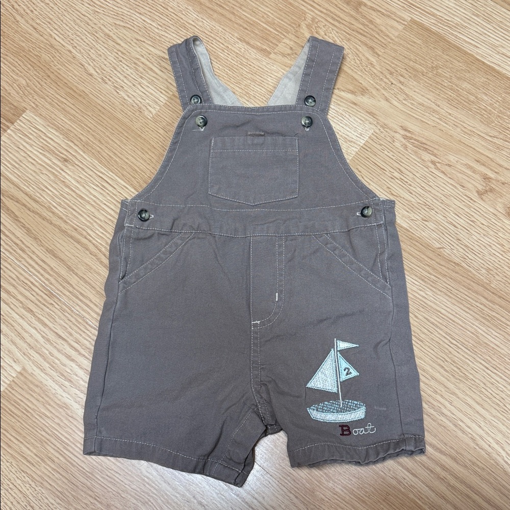 Lullaby Club Tan Baby Overalls with Sailboat Design. Cotton Summer Fun